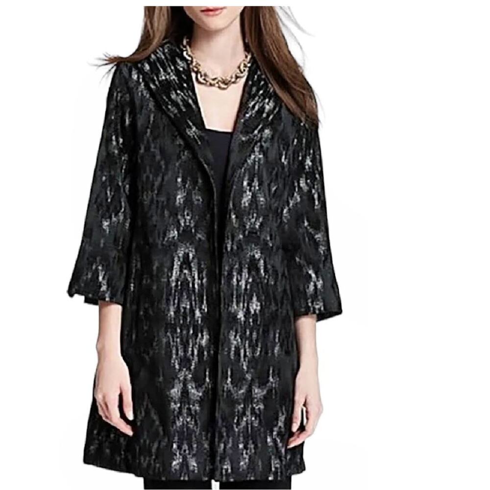 Eileen Fisher P XS Black Metallic Ikat Jacquard Open Front Duster Coat Jacket